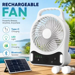 100% Copper Brush DC Motor Solar Vehicle Powered Bluetooth Multi Media Rechargeable Desk Fan 8 Inch Built in LiFePO4 Battery