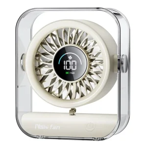 100 Speeds Adjustable White Plastic Mechanical Tabletop Fan USB Rechargeable Mini Digital Display Portable Desktop Fan