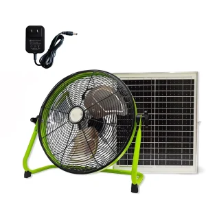 12 Inch Brushless Solar Floor Fan with Aluminum Blades 12 Speeds 18W Monocrystalline Panel 15000mAh Rechargeable Green Solar Fan