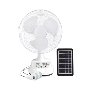 12 Inch Portable Rechargeable ABS+PP Table Fan with Solar Panel 2 Speed Settings Built in Battery LED Light Emergency Fan