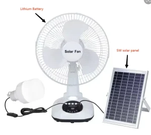 12 Inch Rechargeable Lithium Battery Table Fan AC DC Multifunction LED Solar Charger 5W Solar Panel 3 6 Hours Working Time 10 12