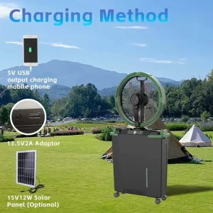 12 Inch Solar Fan with Solar Panel Mist Cooling Fan with LED Light Solar Electric Fan Solar Water Fan AC DC Rechargeable Fan