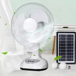 12 Inch Solar Rechargeable Fan with Solar Panel and 2 LED Bulbs Multi Function Solar Cooling Fan for Indoor Outdoor Use