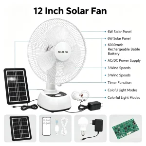 12 Inch Solar Table Fan Detachable Lithium Battery Remote Control with USB Port RGB Light for Power Outage Camping Use