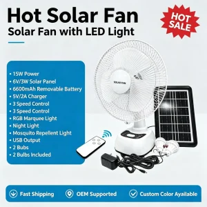 12 Inch Solar Table Fan Detachable Lithium Battery Remote Control with USB Port RGB Light for Power Outage Camping Use