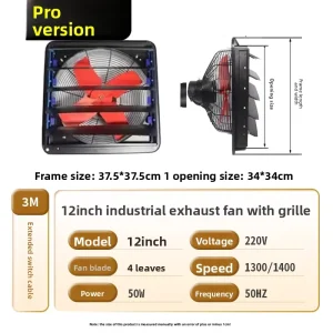 12 inch Red Kitchen Exhaust Fan with Shutters High Suction Power Strong Household Metal Range Hood Ventilation Fan Recessed