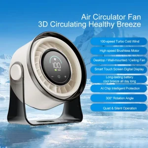 120° Rotating 3000mAh Small Rechargeable Battery USB Desktop Wall Mounted Fans 100 Speeds Digital Display Quiet Portable Fan