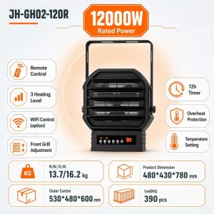 12000W 240V Portable Garage Fan Heater Carbon Fiber Fast Heating Overheat Protection Remote Control Metal Ceiling Wall Mounted