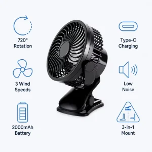 12V Portable Car Air Vent Fan USB Rechargeable Plastic 1W with Strong Suction Cup 3 Speed Quiet Cooling Vehicle Dashboard Truck