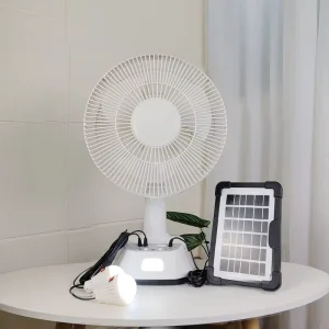12inch Solar Table Fan Rechargeable Solar Panels Power Battery Standing Table Fans with 2 Light Bulbs Portable Rechargeable Fan