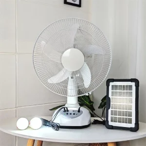 14 Inch Solar Table Fan with Rechargeable Battery, Solar Panels, and 2 Light Bulbs