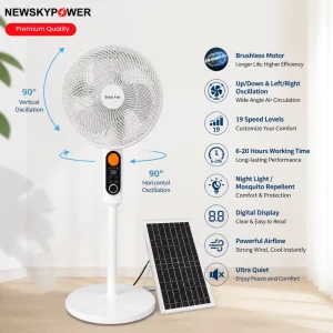 14inch X7 Pedestal Solar Standing Fan with Oscillation 30W Brushless Motor Remote Control AC Charger Lithium Battery
