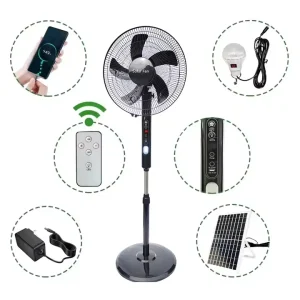16 18 Inches Solar Rechargeable 25W Electric Stand Fan with AC DC Solar Panel Lights 5 15 Hours Runtime