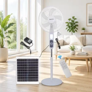 16 Inch 4 Speed White Rechargeable Solar Standing Fan with Lamp