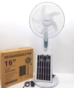 16 Inch AC DC Operated Rechargeable LiFePO4 Battery Solar Tower Fan with LED Light Adjustable Height for Household Car Use
