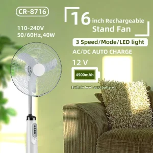 16 Inch AC/DC Rechargeable Solar Standing Fan with Lithium Battery, LED, and Solar Panel
