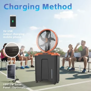 16 Inch Mist Potable Fan with Water Tank Ventilateur Rechargeable Solar Standing Fan with Solar Panel Lithium Battery