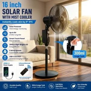16 Inch Multi Function Solar Electric Fan with Panel Lithium Battery Solar Panel Cooling Fan Rechargeable Solar Standing Fan