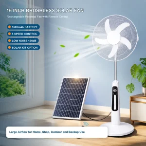 16 Inch Rechargeable 5 Speed Pedestal Fan Solar Power LED Night Light Power Bank Long Battery Life for Home Outdoor Emergency