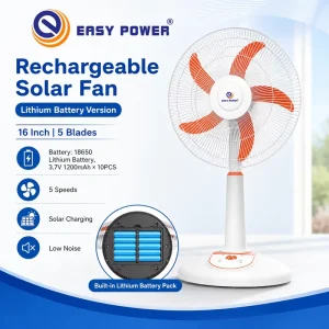 16 Inch Rechargeable Solar Power Fan with 12000 Mah18650 Lithium Battery 5 Speeds and Built in LED Light