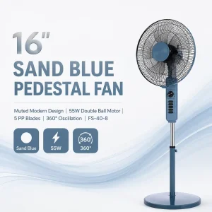 16 Inch Sand Blue Floor Fan 360 Oscillating 5 PP Blades 4 Speed 55W Height Adjustable Coastal Beach Home Hotel