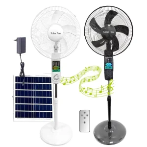 16 Inch Solar AC Powered Rechargeable Electric Music Fan 3 Speed Bluetooth Speaker 5 Blades Solar Panel 15 Hours Runtime for