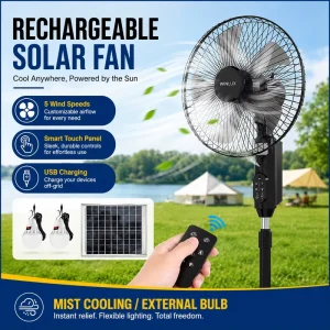 16 Inch Solar Electric Fan with Panel Solar Powered Ceiling Fan Rechargeable Solar Panel Standing Fan