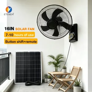 16 Inch Solar Powered Wall Fan Rechargeable Battery Wall Mounted Fan with Remote Control USB Output LED Light OEM Factory