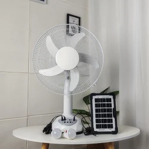 16 Inch Solar Table Fan with Rechargeable Battery, Solar Panels, and 2 Light Bulbs