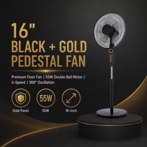 16 Inch Stand Fan 360 Oscillating 5 Blade 4 Speed 55W Double Ball Aluminum Motor Height Adjustable Black Gold