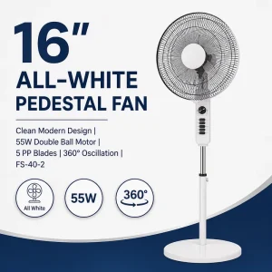 16 Inch White Floor Fan 360 Oscillating 5 Blade 4 Speed 55W Timer Height Adjustable Clinic Medical Spa Salon