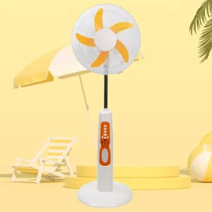 16inch Rechargeable Standing Fan with 12V 4Ah Battery with Light Remote Control 3 speeds and Auto off Timer Can Charge Phone