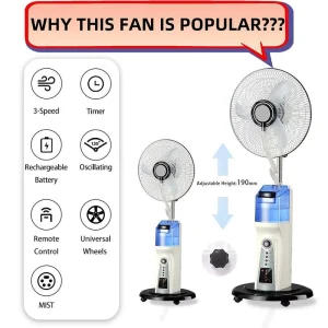 18 Inch 3 Speed Water Mist Fan with 2.1L Water Tank and Remote Ventilador Rechargeable Solar Fan with Solar Panel Timer for Home