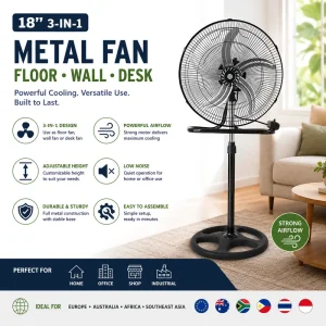 18 Inch 5 Aluminum Leaf 3 in 1 Five Hole Base Electric Fan with Metal Grille and Air Cooled Motor for Household Outdoor Use