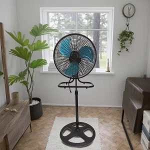 18 Inch Blue 3 Blade Ventilation Fan with Copper Motor Plastic Mesh 4 Hole Mechanically Controlled for Home Car Hotel Use