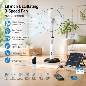 18 Inch Ventilateur Rechargeable Solar Fan with Solar Panel Standing Fan with LED Light & Remote for Household