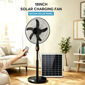 18 Solar Pedestal Fan 12V 20Ah Rechargeable Standing Fan with Remote Control 6 Speed Brushless DC Motor High Speed Fan