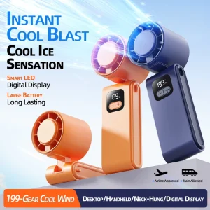 199 Gear Ice Cooling Handheld Portable Fan Foldable Hand Neck Desktop Digital Display English USB Rechargeable Travel Mini