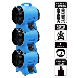 1HP Portable Industrial Ventilation Blower High Airflow Low AMP Stackable PP Housing for Tunnel Basement Drying Cooling