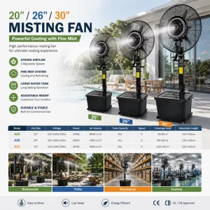 20 26 30-Inch Metal Water Mist Fan Electric Base Industrial Cooler Spray for Home Outdoor Hotels Offices
