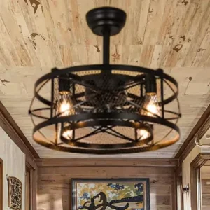 20 Inch Caged Rustic Metal LED Ceiling Fan Light Remote Control 5Bladeless Chandelier for Kitchen Industrial Design Smart