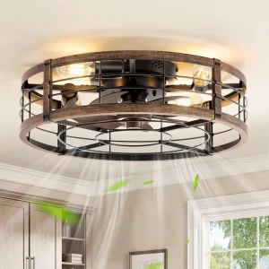 20 Inch Enclosed Bladeless Ceiling Fan Low Profile Flush Mount 6 Speed Reversible Silent Remote Timer for Bedroom Kitchen