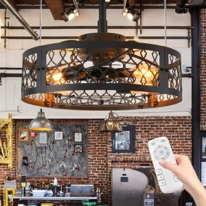 20 Inch Modern Industrial LED Iron Ceiling Fan Remote Control Dimmable 6 Speed Multi Function Camping Light Fixture for Living
