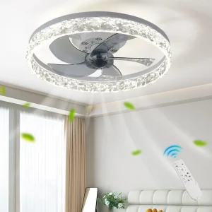20″ Modern Ceiling Fan with Lights and Remote White&Black&Brown Dimmable Low Profile Ceiling Fans for Bedroom Living Room