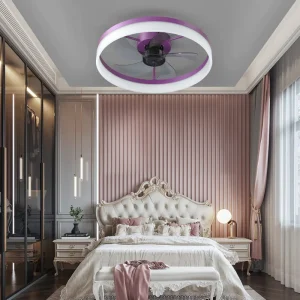 20″ Modern Fan Lights Flush Mount LED Ceiling Light With Remote APP Control Dimmable LED 6 Speeds Reversible Blades Purple