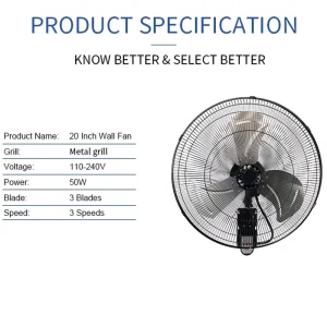20 inch Industrial Electric Fan With Remote Control 50W Metal Material Wall Fan with Vibration Functionand