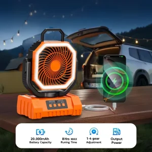 20000mAh Battery Operated Solar Fan Portable Rechargeable Desk Camping Fan with LED Light and Hook Outdoor Fan for Tent Car