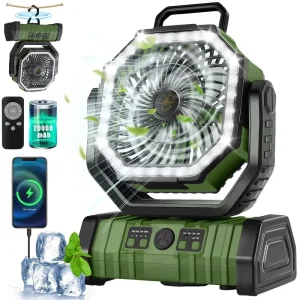 20000mAh Quiet Fan 4 Speeds 270° Rotation Table Fan USB LED Light Outdoor Camping Fan for Offices Bedroom Tent Camping Travel