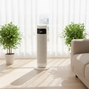 2000W Digital Bladeless Oscillating Tower Pedestal Fan Remote Silver Decorated Column Design for Hotel Use Electric Power Source