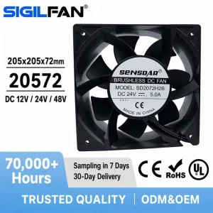 205x205x72mm DC Axial Cooling Fan Aluminum Frame IP68 PWM for Energy Storage Cabinet PV Inverter Industrial Equipment